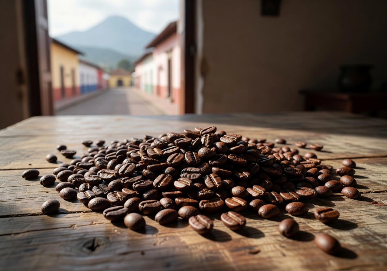 Guatemalan Antigua coffee beans spread on wood