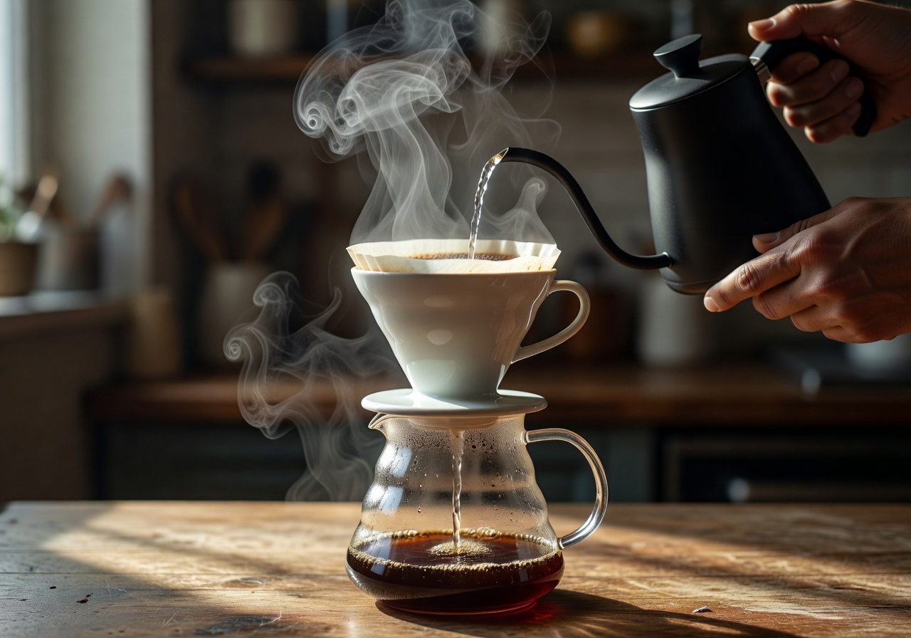 Pour over coffee brewing process with rising steam